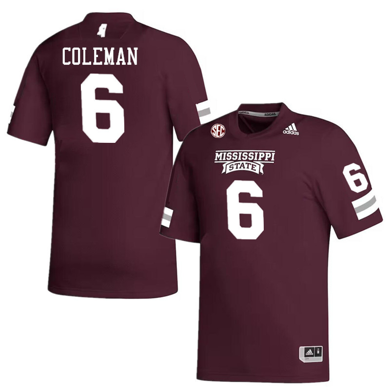 Men #6 Kevin Coleman Mississippi State Bulldogs College Football Jerseys Stitched-Maroon